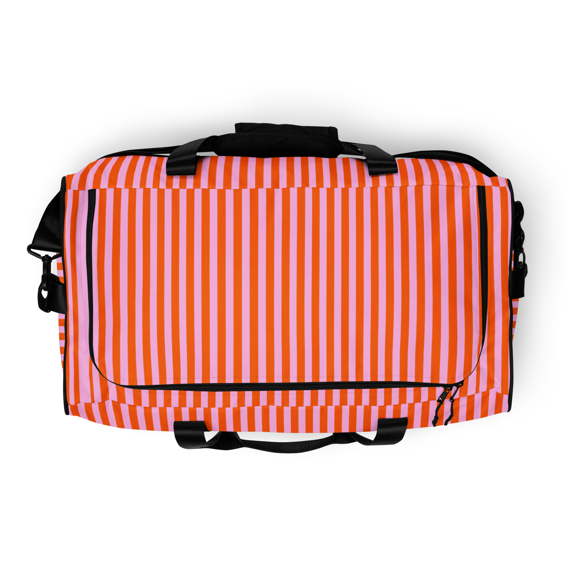 Pink and orange striped large duffle bag, top view, lillielux.com