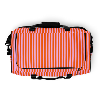 Pink and orange striped large duffle bag, top view, lillielux.com