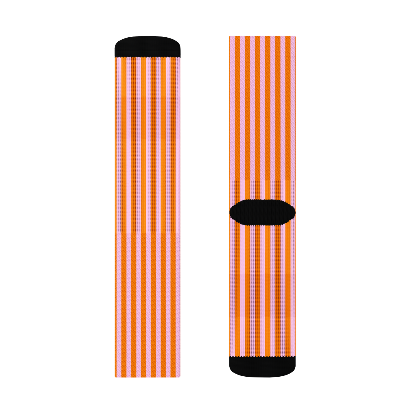Poppi pink and orange striped crew socks laid flat. Size large Lillielux