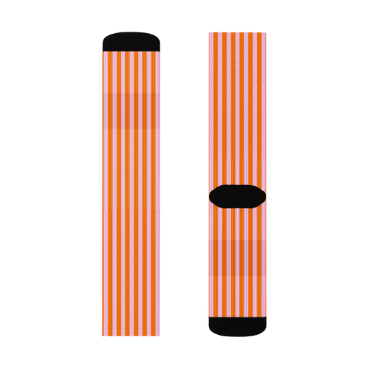 Poppi pink and orange striped crew socks laid flat. Size medium Lillielux.com