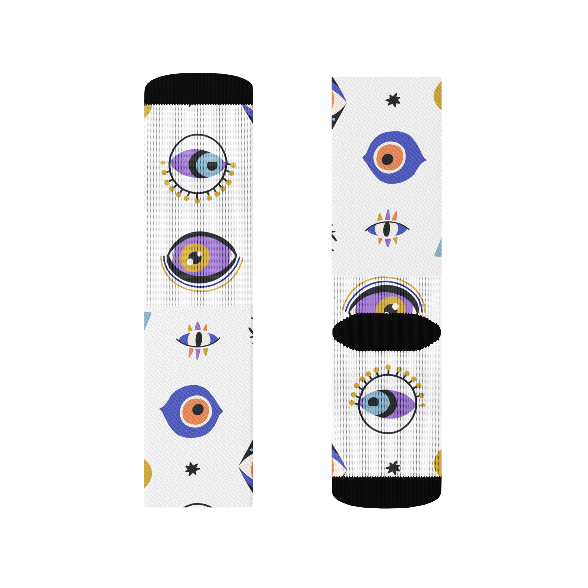 Mystic Eye print crew socks, laid flat, showcasing all-over design. Size small LillieLux 
