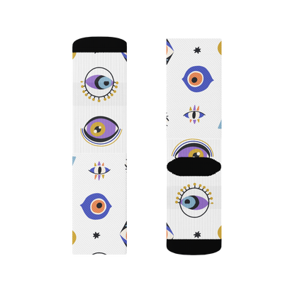Mystic Eye print crew socks, laid flat, showcasing all-over design. Size small LillieLux 