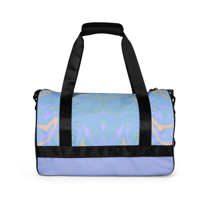 Lillielux soft haze gym bag back view, soft haze pastel top panel, solid lavender bottom panel, black handle, white background 
