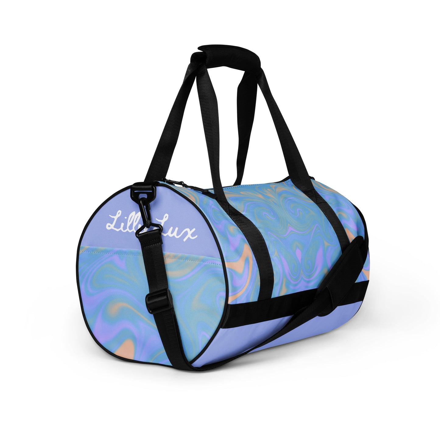 LillieLux ‘soft haze’ gym bag right front view, soft haze pocket, white logo on lavender panel behind soft haze pocket, black strap double handle, white background 