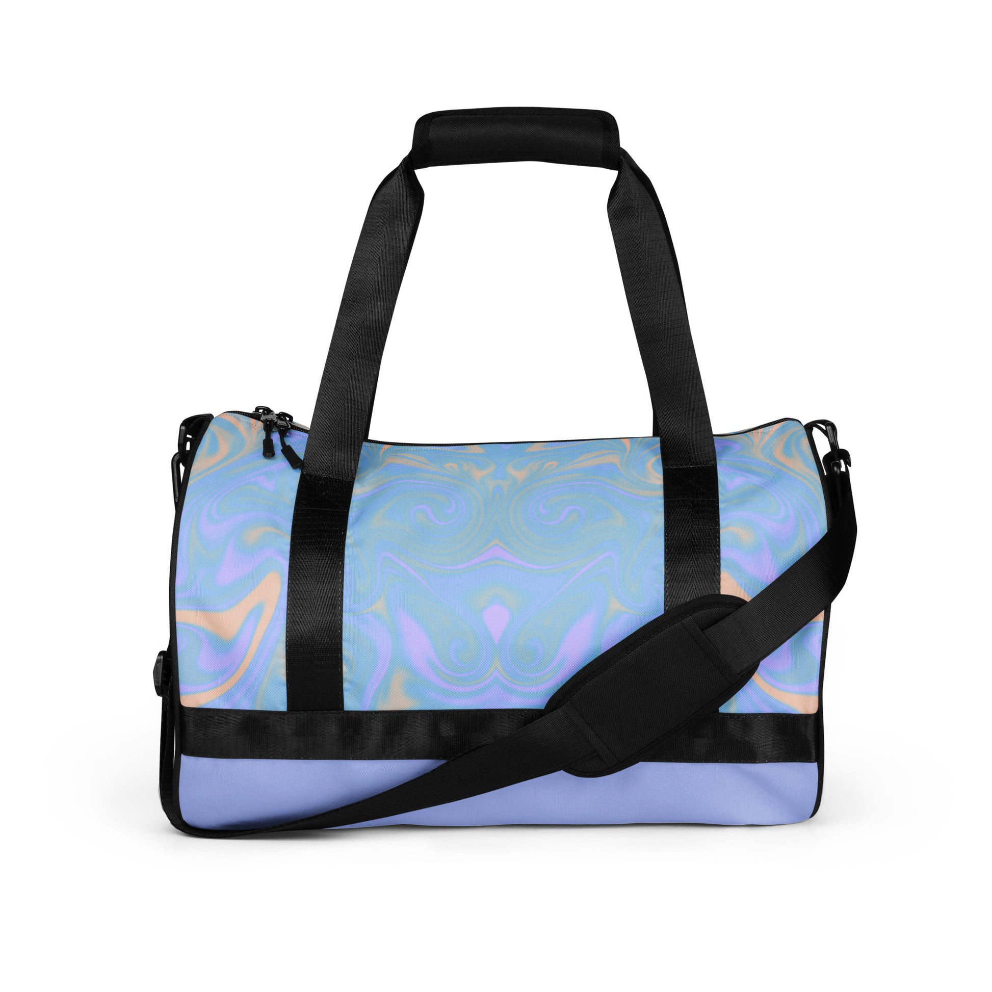 LillieLux ‘softy haze’ front view, pastel multitone top panel, solid lavender bottom panel, black handles and long removable strap, white background 