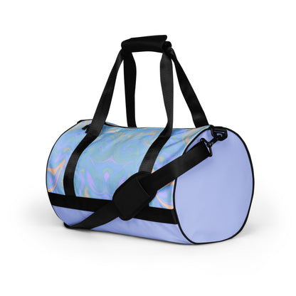 LillieLux soft haze left front view, no visible logo, black handles and strap, left solid lavender panel, white background 