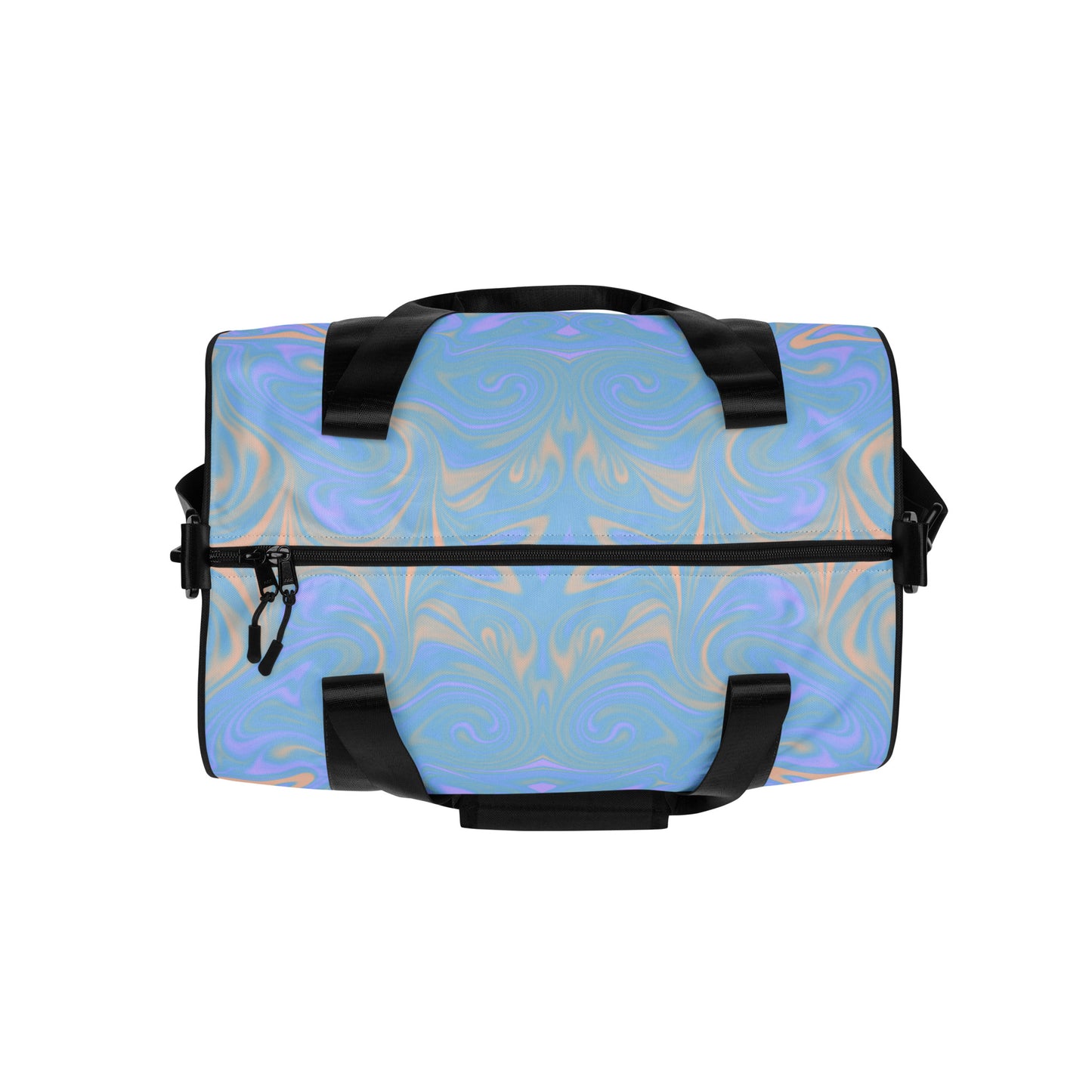 LillieLux ‘soft haze’ gym bag multitone pastel top view, black double handle, white background 