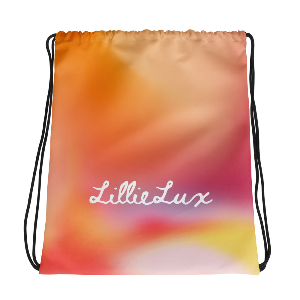 LillieLux ‘solar’ multicolor drawstring back, front view, white logo, white background 