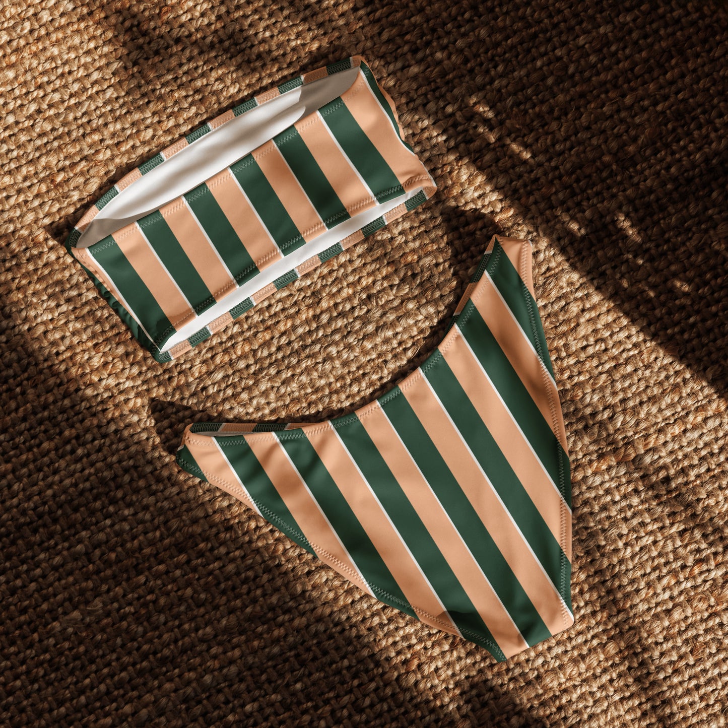 Strapless bandeau bikini top in tan and green stadium stripe – Sunset Stadium colorway (Back view)