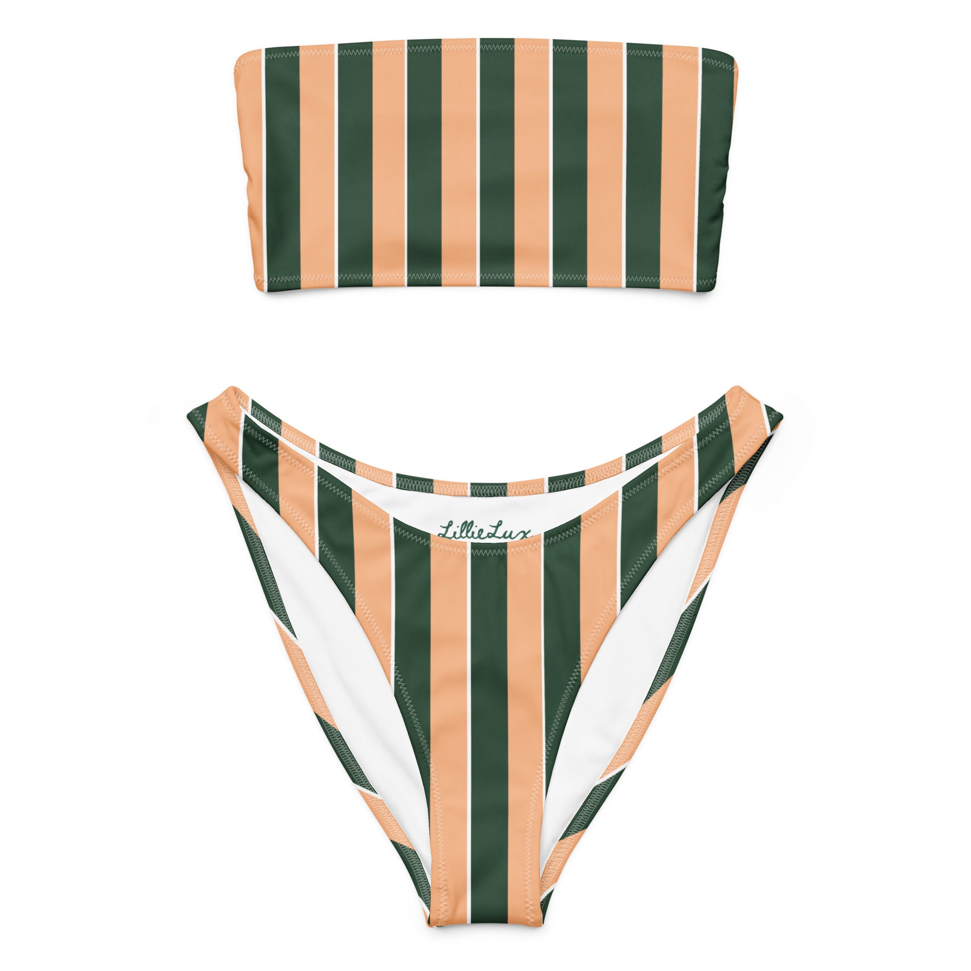 Sunset Stadium bikini set in tan and dark green vertical stripes – bandeau top and high-leg bottoms by Lillie Lux
