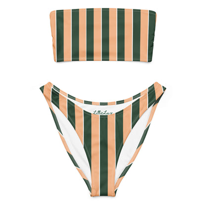 Sunset Stadium bikini set in tan and dark green vertical stripes – bandeau top and high-leg bottoms by Lillie Lux