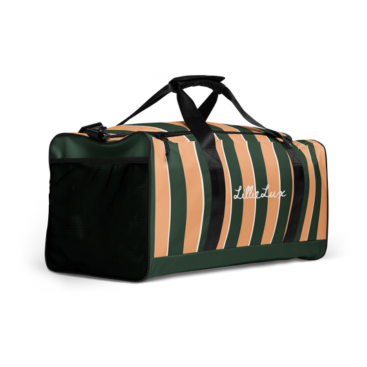 Side profile of Sunset Stadium Duffle highlighting color-blocked stripes and mesh pocket LillieLux.com