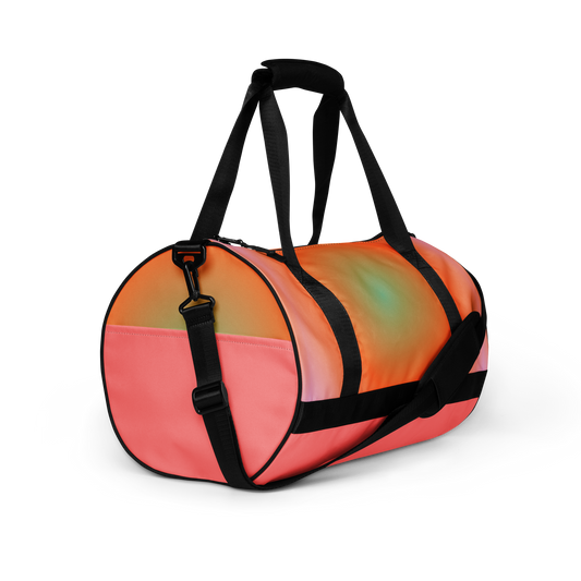 Bold structured duffle bag with pink, orange, and teal panels, durable and stylish workout bag by LillieLux 